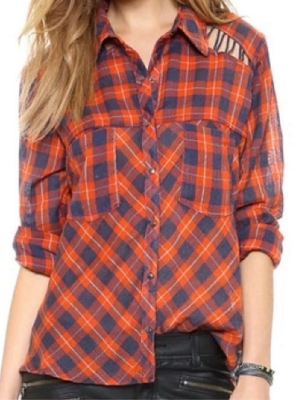 #826 FREE PEOPLE Orange Blue Plaid Snap Button-Down w Cutout Laces Shoulder